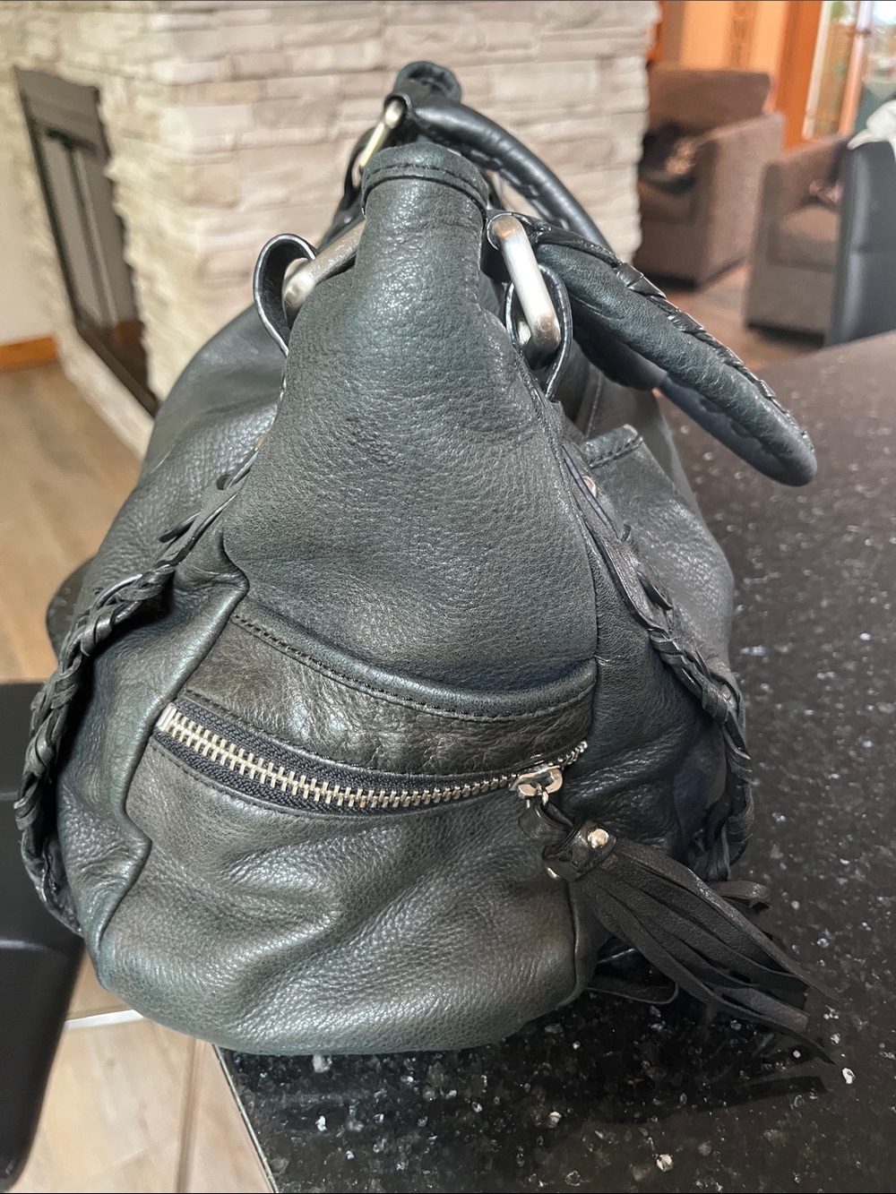 Kenneth Cole New York Black Pebble Leather Shoulder Bag with Braided Trim - Picture 2 of 9
